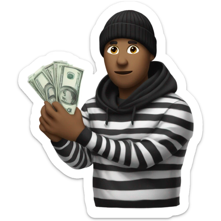 Robber with a striped black and white shirt with a black beanie and a money bag sticker