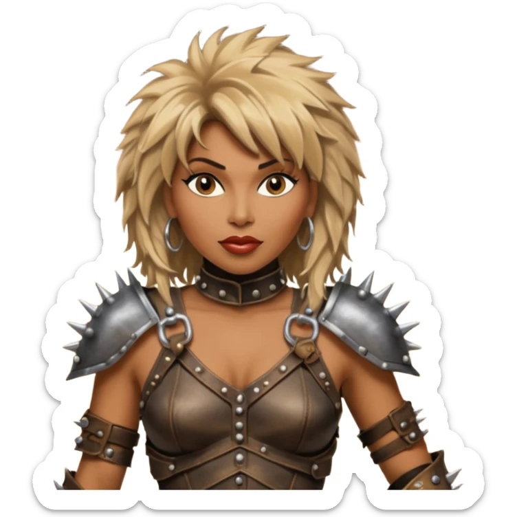 solarpunk ultra HD - portrait of Tina Turner in costume from the movie Mad Max Beyond Thunderdome, dramatic backlit by bronze spotlights sticker