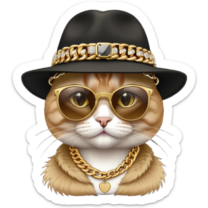 female cat head and shoulders wearing Run DMC hip-hop outfit, fedora, dark sunglasses, many gold chains, bling accessories sticker