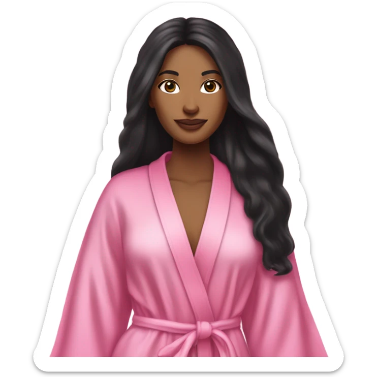 Mixed raced woman with long black hair wearing a silk pink Victoria’s Secret robe sticker