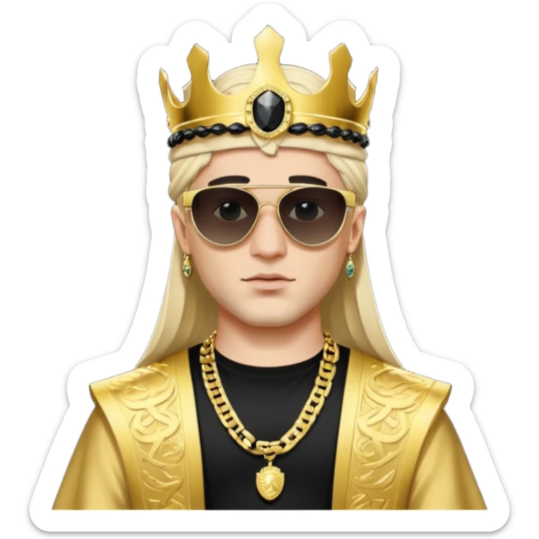 un principe blanco con una corona de rolex con unos lentes Versace máscara todos negro grandes de after con cadenas de oros y una camisa negra y una broma árabe de la cabeza sticker