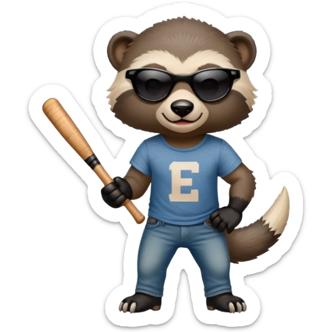 mischievous anthropomorphised honey badger in jeans and a t-shirt, wearing sunglasses, holding a baseball bat sticker