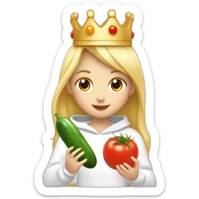 blonde girl  eating  cucumber and tomatoes with white hoodie iridescent and a crown princess sticker