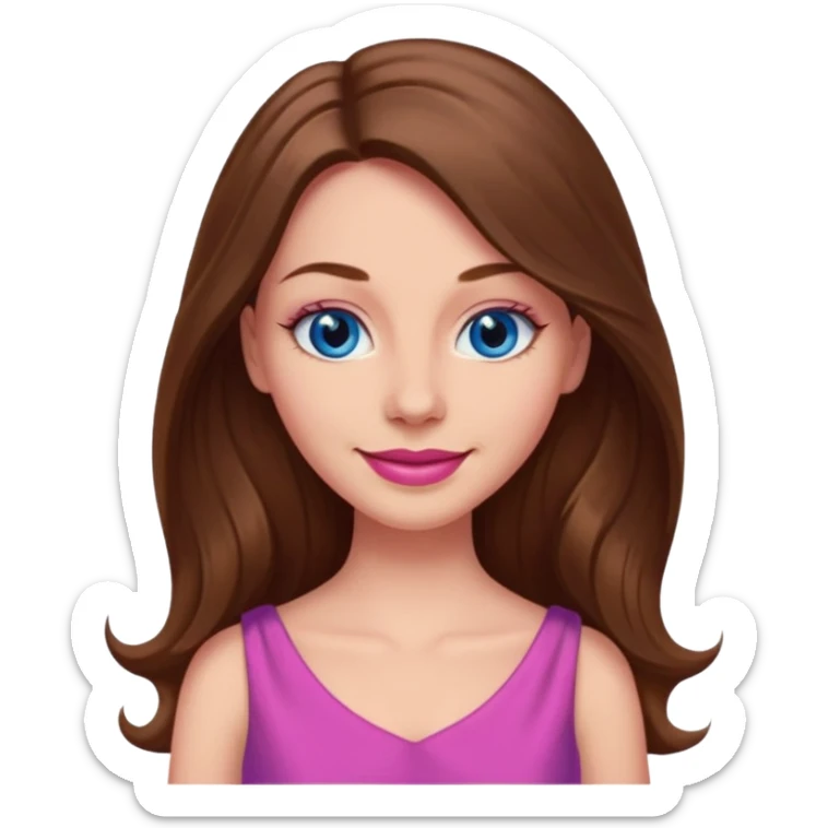A woman has beige skin, long brown hair, blue eyes, plumb lips, she wears pink dress  sticker