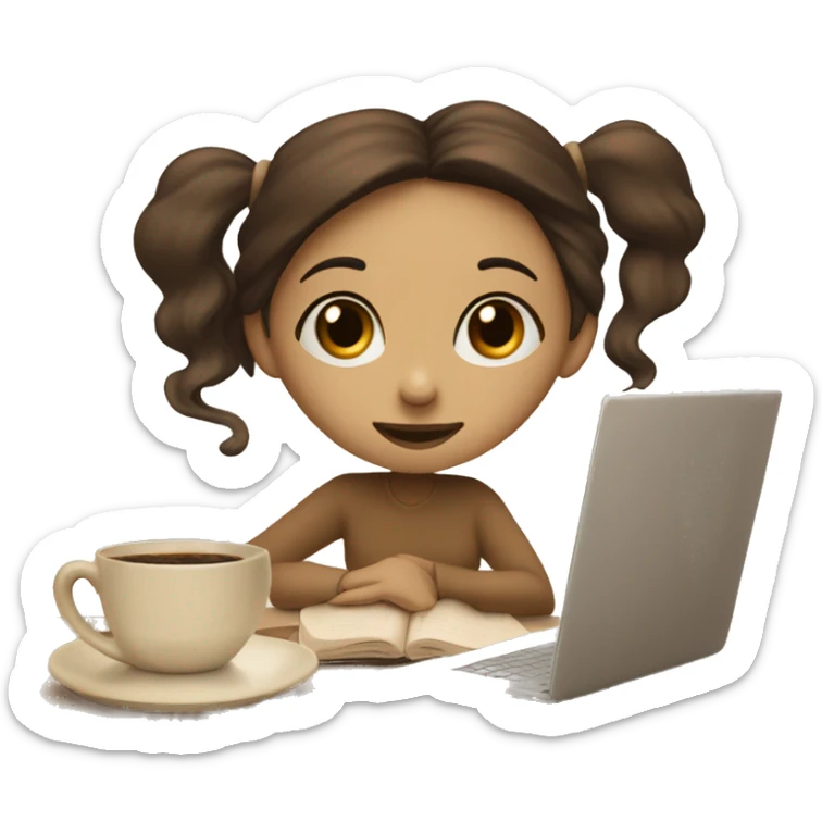 Half face of a girl at the laptop. A a cup of coffee on the left side of the table. Books on the right side of the table. in beige tones sticker