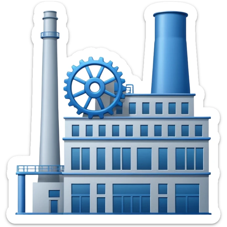 "A minimalist vector icon of a modern manufacturing factory building with a gear symbol above it. Blue and grey color scheme, flat design, white background, simple thick lines, professional business logo style." sticker