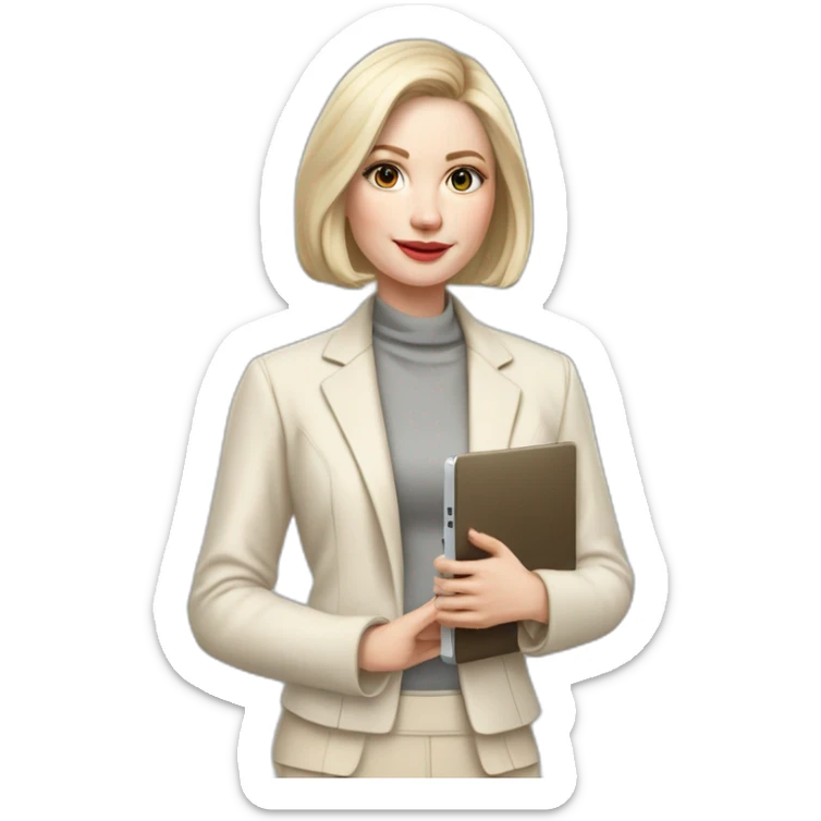 pale skin woman with ash blonde Straightened bob Hair, White Spacious classical jacket, beige palazzo Arrow pants and gray blouse holding a MacBook in the hands sticker