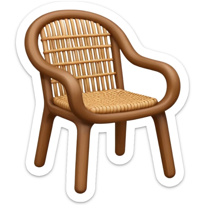 A 3D cartoon wooden chair with woven rattan seat, clean composition, bright background, Memoji-style rendering. sticker