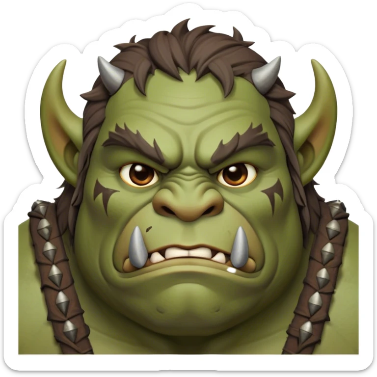 Cinematic Noble Ogre Portrait Emoji, Majestic and imposing, with a rugged, muscular form in deep earthy greens and browns, adorned with battle scars and subtle tribal markings, exuding calm, noble strength and unexpected wisdom, simplified yet strikingly detailed, glowing with a shadowy outline that captures the essence of a gentle giant with fierce heart! sticker