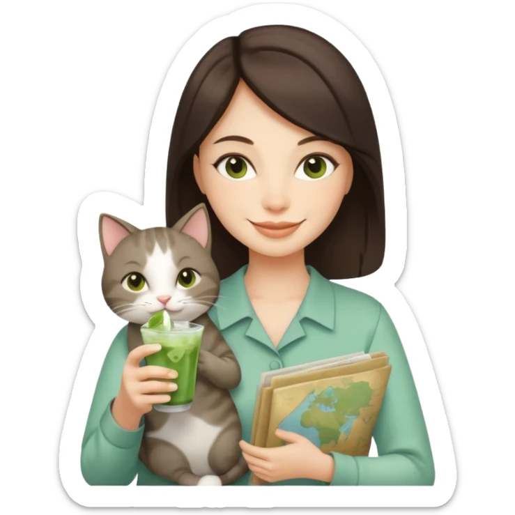 a brunette woman in here 30S drinking an iced matcha, carrying a grey cat and a map of the world sticker