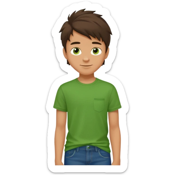 A 14 yerar old teenage boy, tanned, wearing a green t-shirt , blue jeans and green sneakers with dark brown tousled hair, smirking sticker