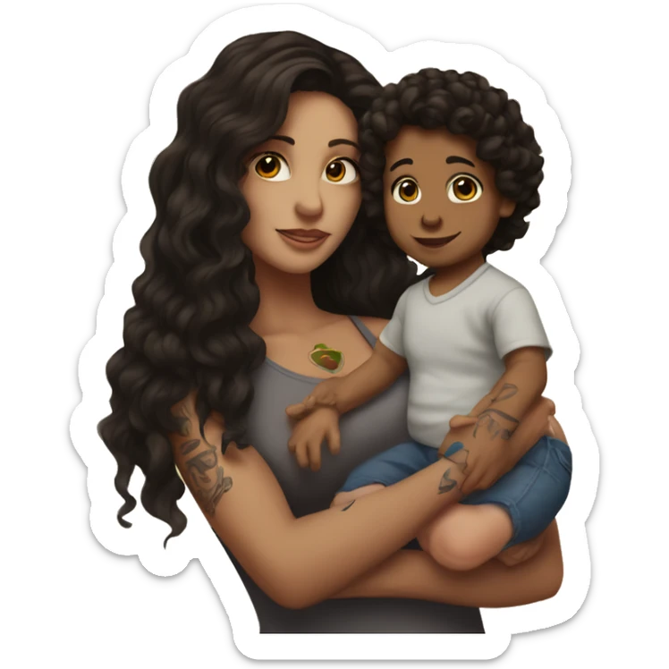  Brunette with tattoos on arm with long hair holding a baby boy with dark brown curly hair  sticker