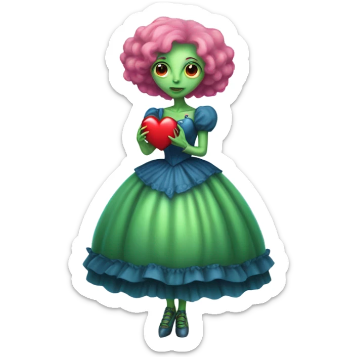 a green alien woman in Victorian blue dress, pink hair,holdig, red big hearth, full body sticker