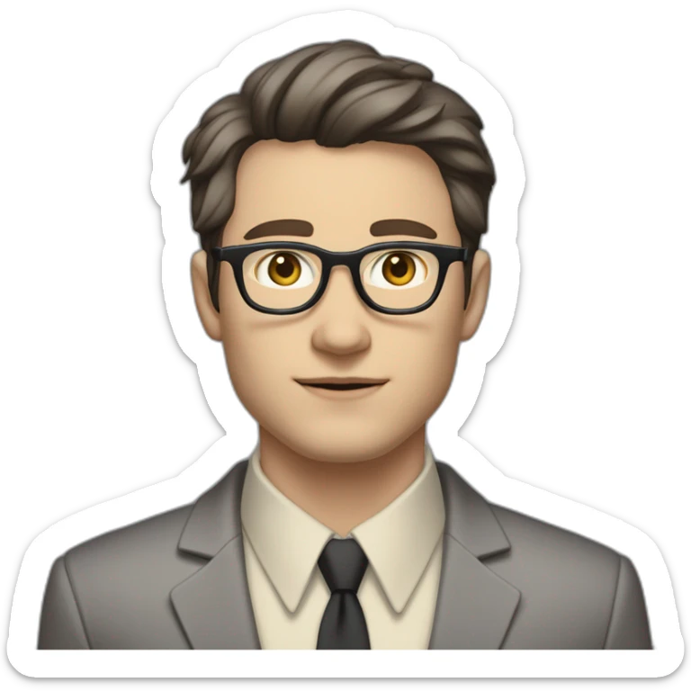 Full height Pale skinned Fit Man With dark brown hair in classic gray suit, beige office shirt, dark gray tie, and vintage glasses. Thrumbs of his palms directed up sticker