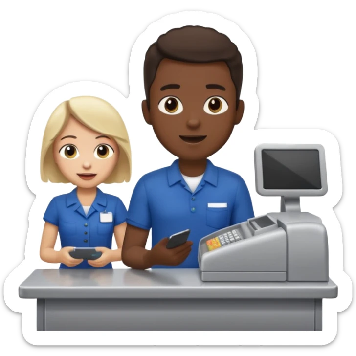 Supermarket employee at a cash register, full body, serving a man surprised sticker