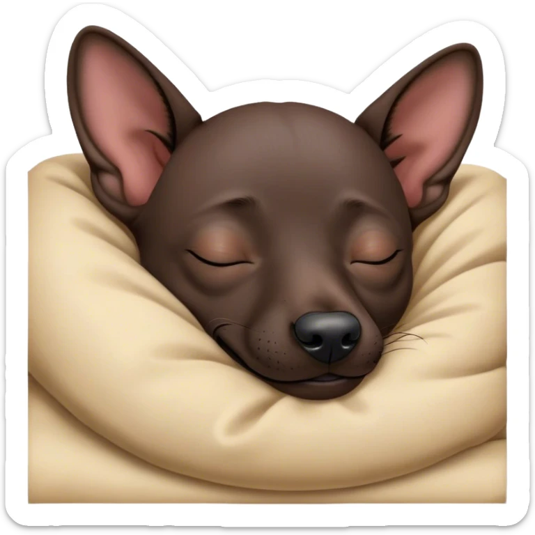 Meme-Worthy Cute Sleeping Xoloitzcuintle dog Portrait Emoji, Head resting peacefully with a contented smile, showcasing a sleek, muscular build with smooth, hairless ebony skin and gently relaxed wrinkles, eyes shut in a serene nap, Simplified yet hilariously adorable features, highly detailed, glowing with a soft, drowsy light, high shine, relaxed and utterly lovable, stylized with an air of playful laziness, bright and heartwarming, soft glowing outline, capturing the essence of a comically sleepy guardian, so meme-worthy it feels like it could instantly become the next viral sensation of adorable slumber! sticker