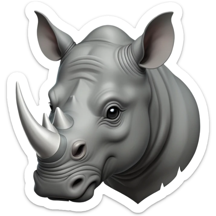 cinematic-noble--rhinoceros-portrait-emoji,slate-grey-hide-poised-and-regal,-with-a-massive,-powerful-build-and-a-thick,--deep-set-soulful-piercing-eyes,-simplified-yet-sharp-and-sophisticated-features,-highly-detailed,-large-black-eyes, white horn, front facing sticker