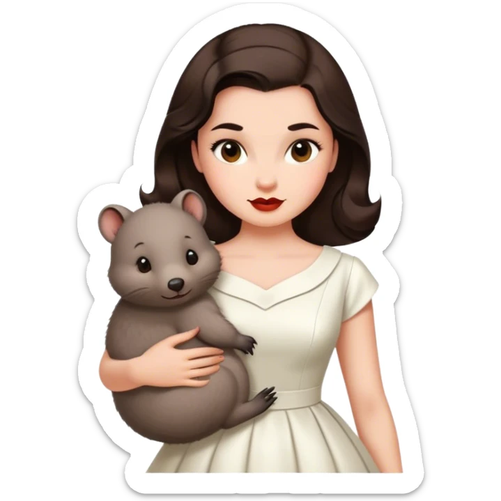 Beautiful woman in 1950’s woman fashion look, white dress, long dark brown hair, wombat sticker