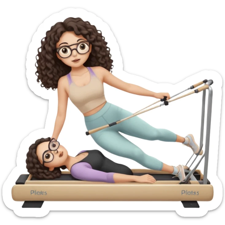Memoji-style girl with long dark brown curly hair, round glasses, large brown eyes, soft rounded face,makeup, warm beige skin tone, wearing Pilates activewear performing Pilates and reformer Pilates exercises on a reformer machine, pastel color palette, smooth soft shading,latino sticker