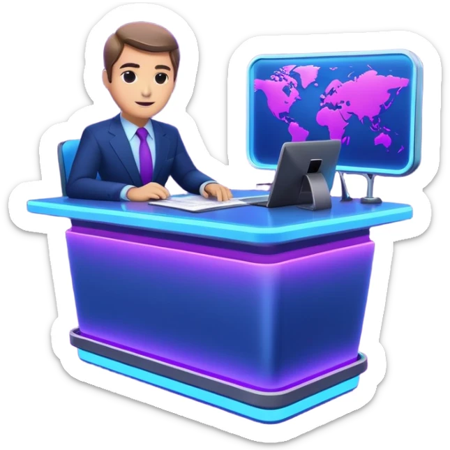 news anchor desk with neon glow effect, blue neon glow on top left, purple neon glow on bottom right sticker