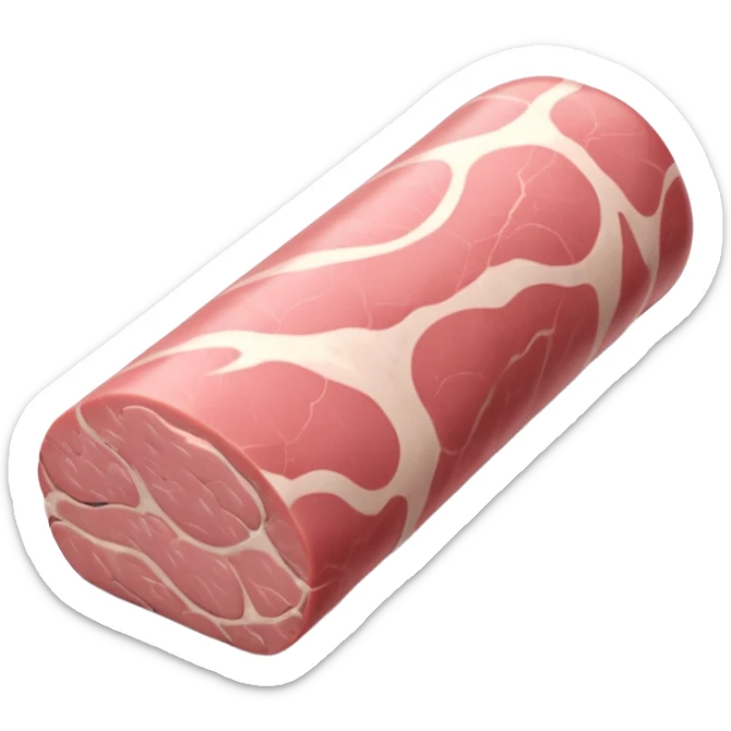realistic pork tenderloin, whole boneless, long tapered curved, soft pink, smooth, fine muscle grain, minimal marbling, clean, moist, no cutting board, knife, garnish, or faces, clean 3D, soft lighting, transparent background, emoji scale sticker
