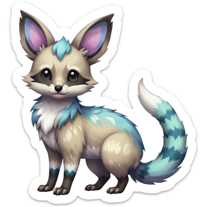Rare iridescent white exotic epic aesthetic colorful Trico-Eevee-Genet-Civet-species-Fakemon-hybrid-creature, with intricate tattoo markings, full body sticker