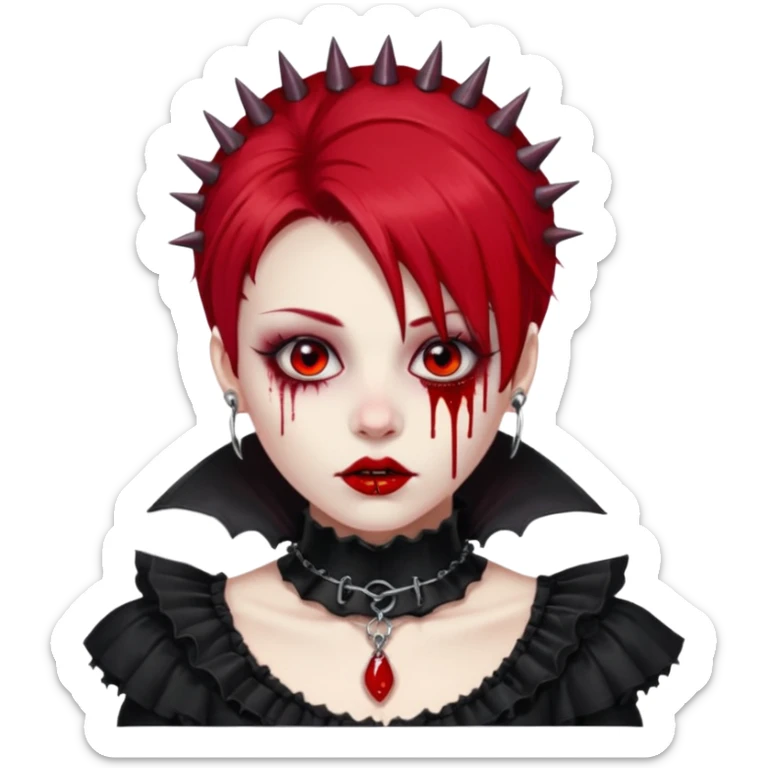 Shiny beautiful cute cool gorgeous attractive gothic vampiric lady with bloody hair, bloody lips, bloody face, blood-choker, spiked collar, frills, black dress, red rubies  sticker