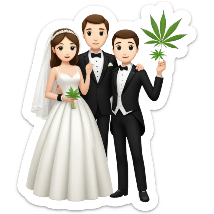 A bride in white wedding dress and groom in tuxedo, full body, sharing cannabis, wedding couple, different pose sticker
