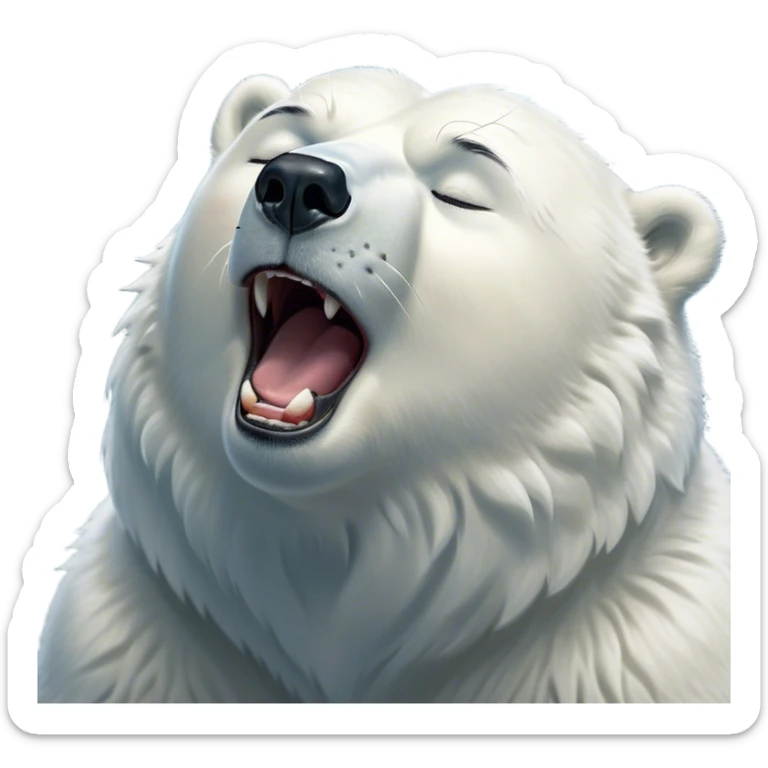 Cinematic Cute Yawning Polar Bear Portrait Emoji, Head tilted slightly with a dramatic, wide-open yawn, showcasing luxuriously thick fur and sleepy, half-closed eyes radiating drowsy contentment, Simplified yet irresistibly adorable features, highly detailed, glowing with a soft, cozy polar light, high shine, relaxed yet expressive, stylized with a dash of whimsical arctic charm, soft glowing outline, capturing the essence of a drowsy yet affectionate guardian that seems ready to stretch out for a nap! sticker