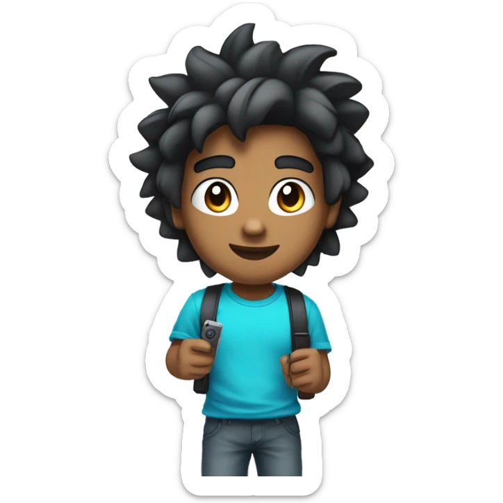 Brown-skinned boy wearing cyan headphones, blue t-shirt, with black hair lifted like a Saiyan, holding a video game controller, looking straight ahead. sticker