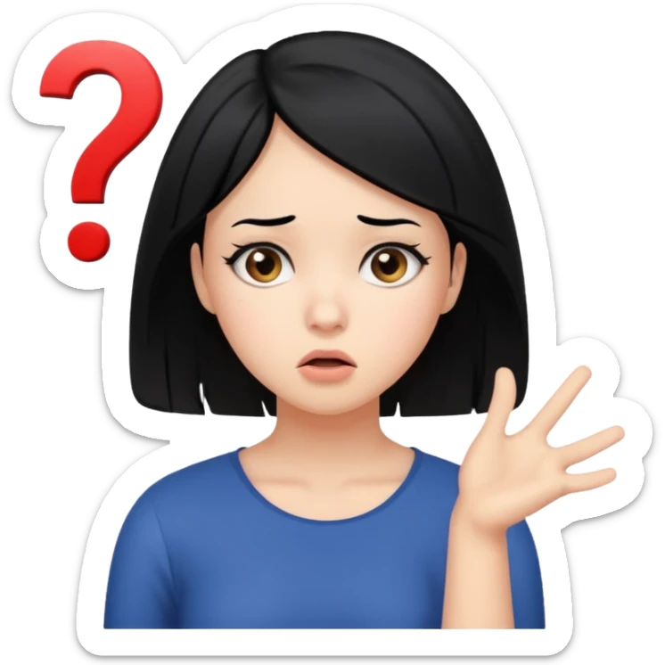 young women with black hair dont know from what to start. add question mark sticker