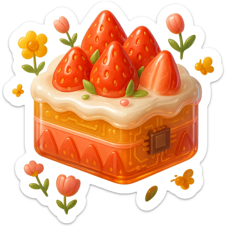 Edit the image to depict a cute strawberry cake with whipped cream and whole strawberries on top, surrounded by flowers. Make the cake shiny and glossy, on a white background, in a 3D style with a glossy circuit look. sticker