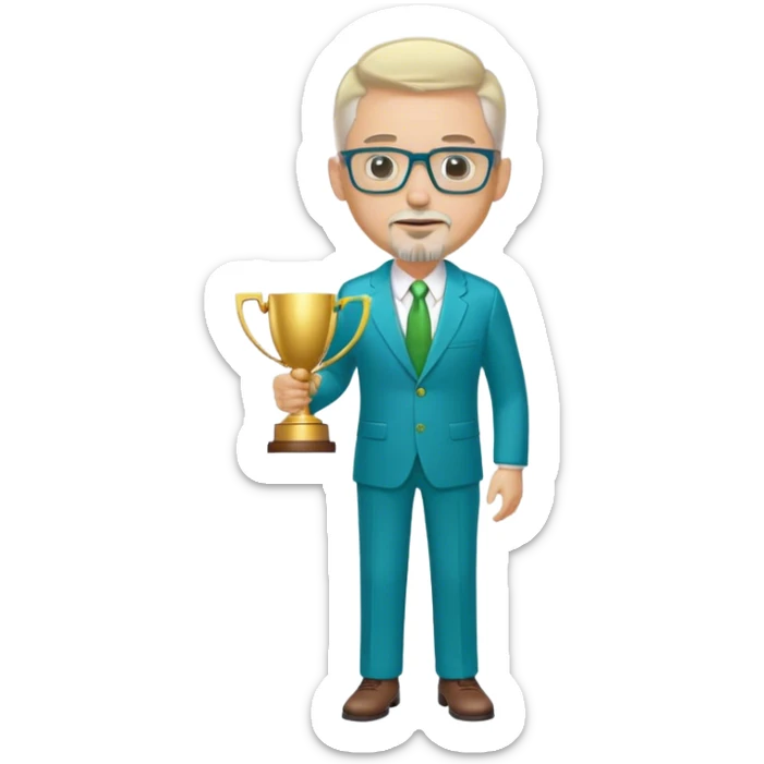 Full Body white male husky in body type  wearing glasses with a goatee with light blonde gray very short hair basketball head Coach in blue and green suit holding trophy sticker