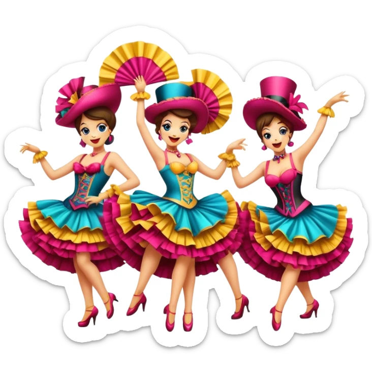 Cinematic Realistic Can-can Dance Emoji, depicted as a lively cabaret dance scene with flouncy costumes and dynamic energetic movement, rendered with vibrant textures and playful theatrical lighting that captures the spirit of French cabaret. sticker