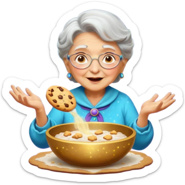 Portrait of a magical grandma casting a baking spell, cookies floating out of a glowing bowl, sparkles and flour swirling around, surreal atmosphere, emoji-style sticker