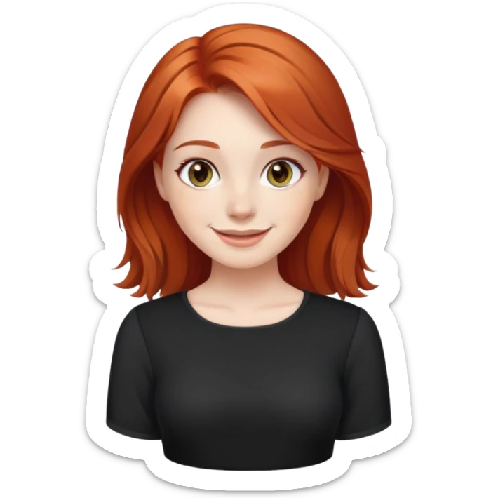 Red-haired girl, white skin, dark hazel eyes, dressed in a black blouse smiling sticker