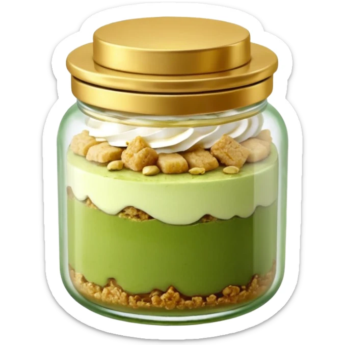A small round glass jar with a gold lid, filled with layered dessert: creamy white base, green matcha layer in the middle, and a crunchy topping on top.

 sticker