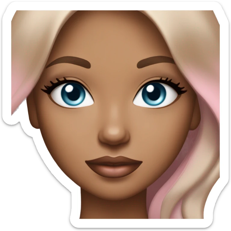 A beautiful woman with ice blue eyes with long eyelashes, tan skin, pink lips and medium layered hair that is brunette with caramel balayage  sticker