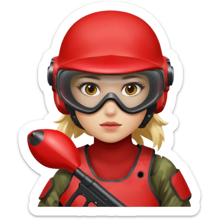 blond girl playing paintball with red paintball helmet with eye protection, only face sticker