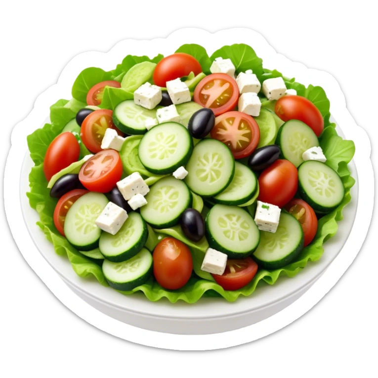 Cinematic Realistic Greek Salad Dish Emoji, depicted with crisp lettuce, tomatoes, cucumbers, olives, and feta cheese rendered with vibrant textures and fresh, natural lighting. sticker