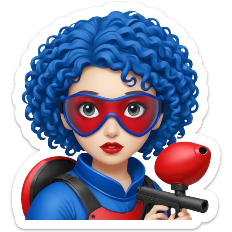 blue curly girl with huge earrings playing paintball with red paintball helmet with eye protection, only face  sticker