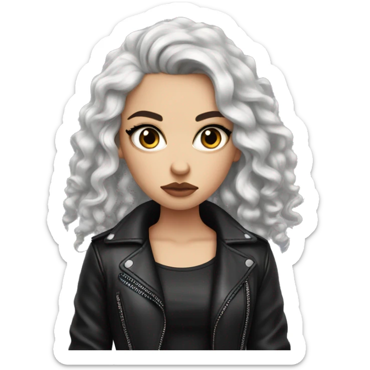White girl, with long curly black hair, black winged eyeliner, wearing black shirt and black leather jacket, rolling her eyes annoyed sticker
