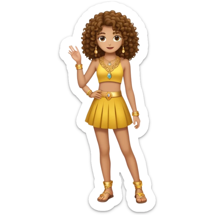 Full body teenage girl with curly brown hair, choni style with gold jewelry sticker