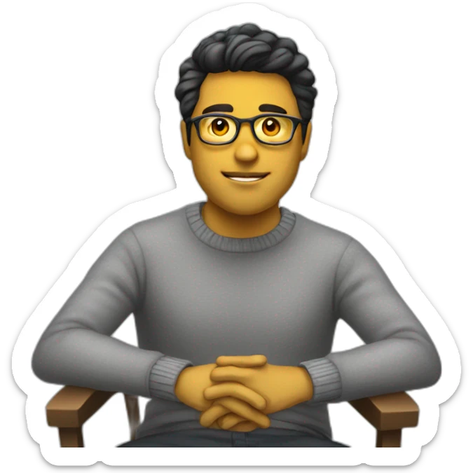 White man with yellow tinted glasses and black hair in a gray jumper and sitting on a chair sticker