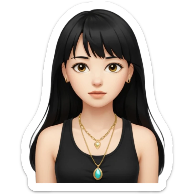 alrighht here’s just the person described for your emoji ai prompt:

> young woman, long black hair with bangs, soft expression, wearing a black tank top and gold necklace, confident pose, natural beauty, warm lighting on face, slightly tousled hair



lmk if u want it more detailed or stylized 🔥
 sticker