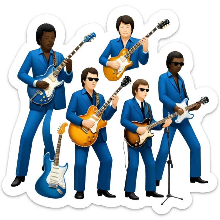 Icon for Blues Music: collage of legendary blues artists. Gary Moore, Eric Clapton, B.B. King and Joe Cocker. Represented by silhouettes or symbolic items like guitars, microphones, or music notes, reflecting the soulful energy of blues music. Transparent background. sticker