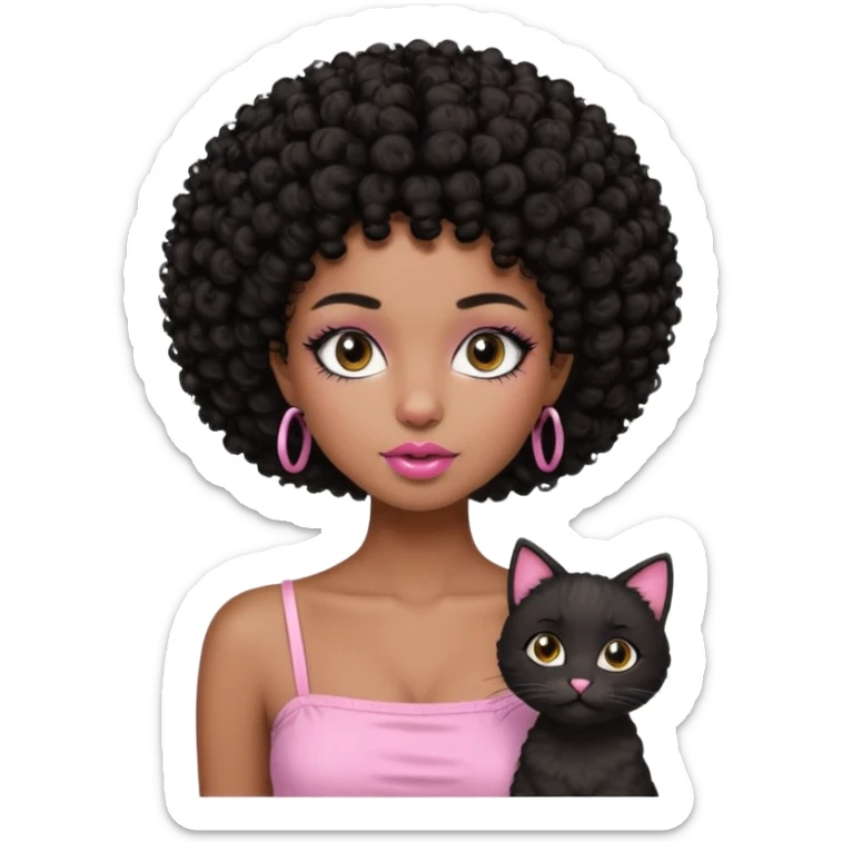 Dark brown skin girl with short black curly hair afro styled , she has pretty wispy cat eyelashes and is wearing a light pink tube top with lip gloss  sticker