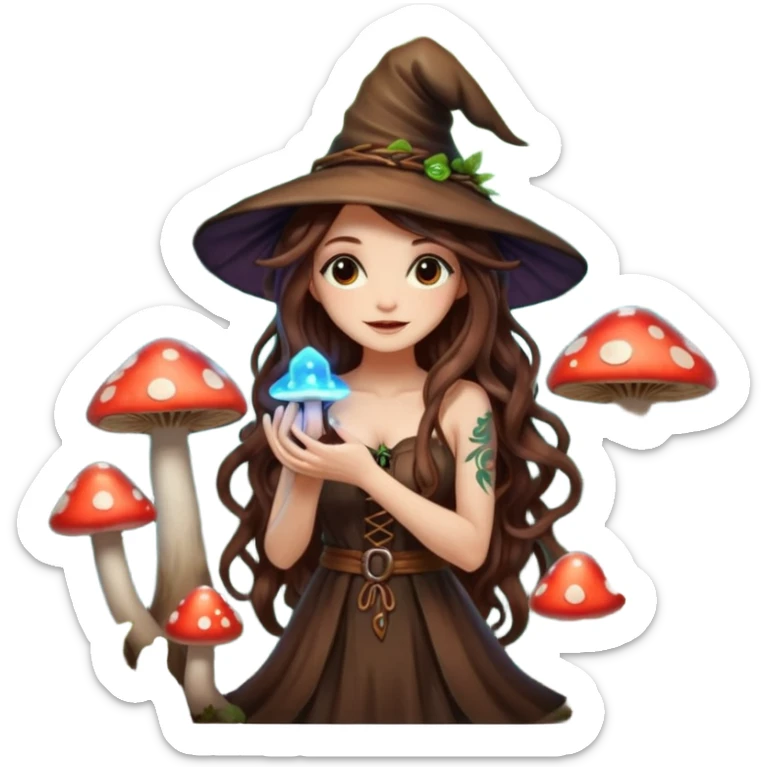cute forest witch woman long wavy brown hair tattoos hugging glowing mushroom sticker