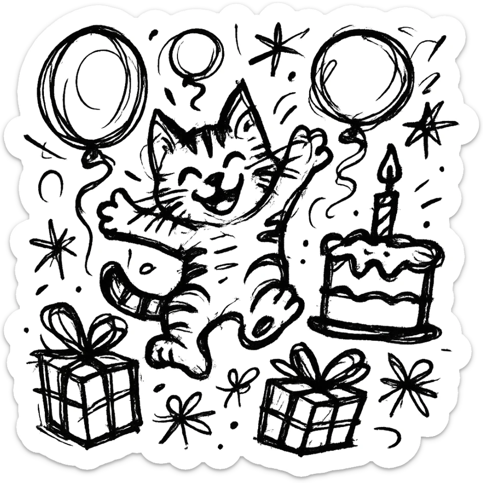 chaotic outlined icon of a happy tabby kitten jumping among balloons, birthday cake, and gift boxes, with wild, scribbled lines sticker