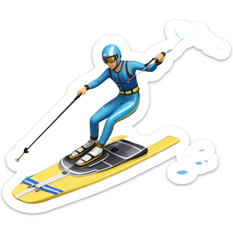 An icon featuring a close-up collage of water skis, splashing water across the surface. The design highlights the motion of the skis cutting through the water. Transparent background emphasizes the thrill of water skiing. sticker